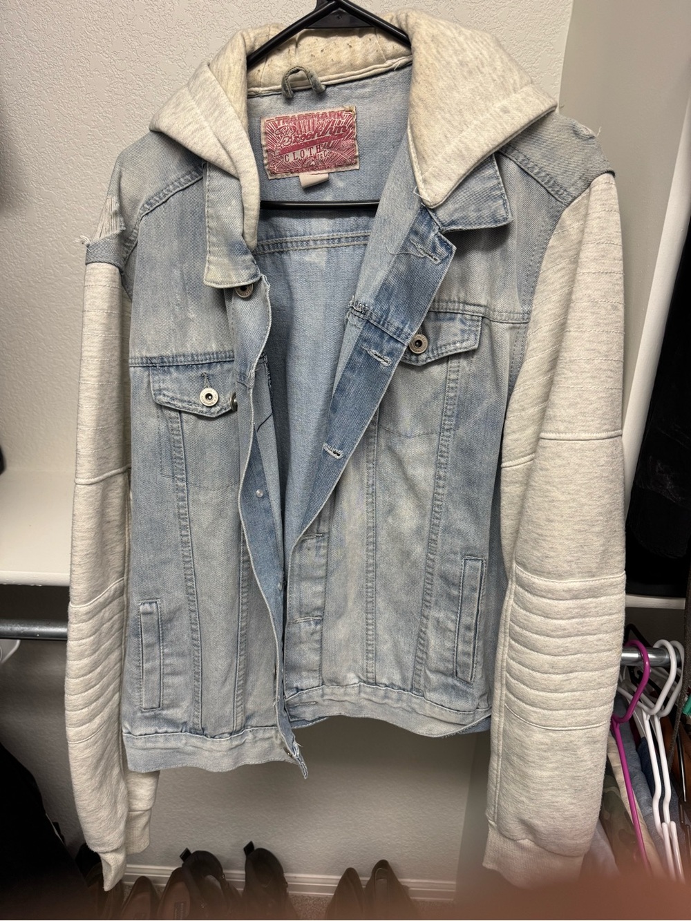 Brooklyn Cloth Light Blue Denim Jacket with Gray Hoodie Sleeves
